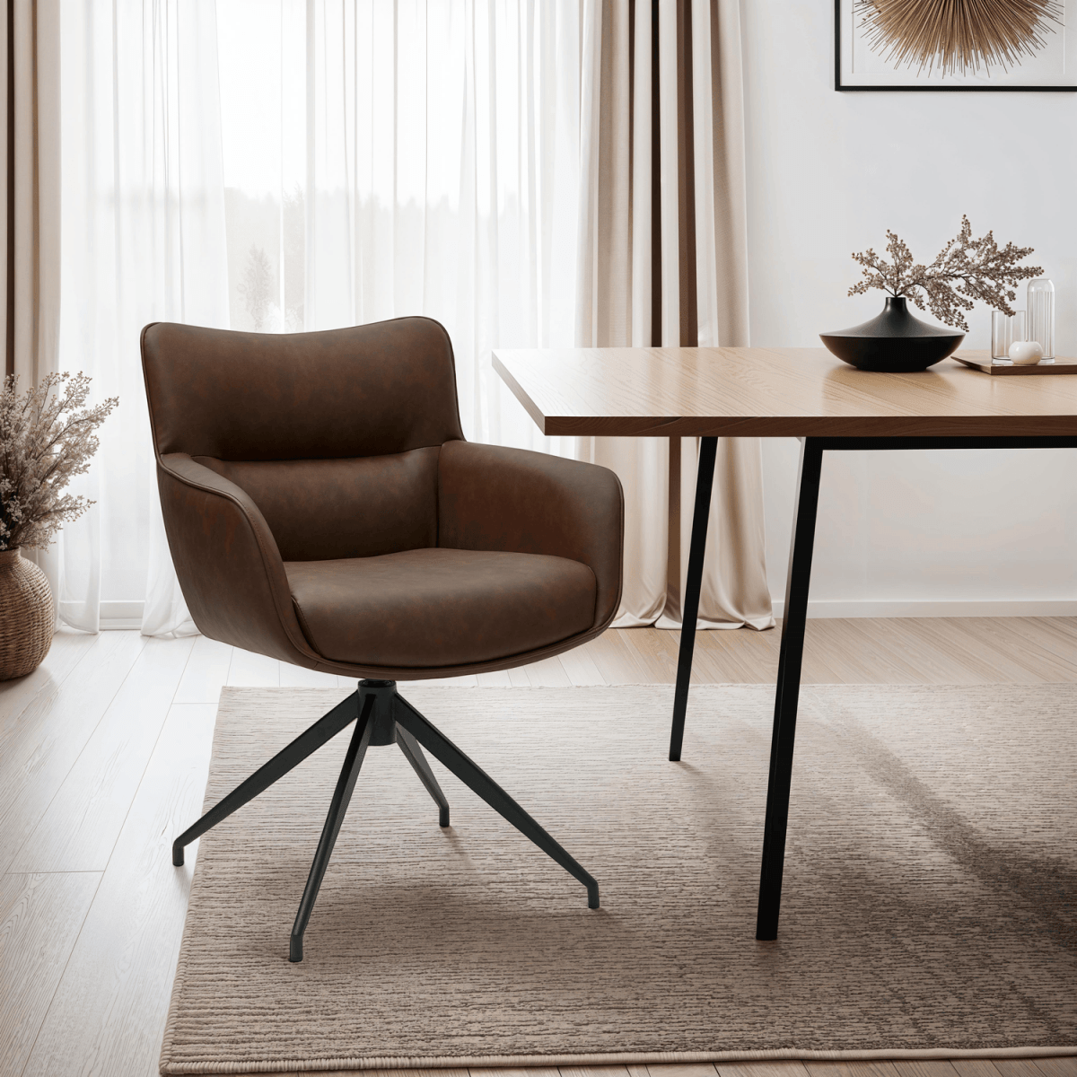 Jessica Esszimmerstühle mit Armlehne 2er Set - Drehbar, Kunstleder Cognac Braun - FURNHOUSE