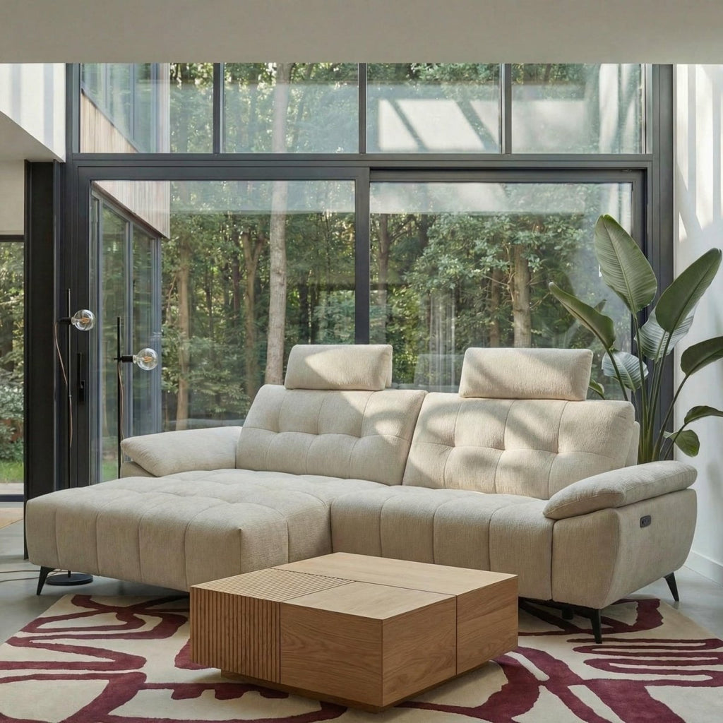 L-Form Ecksofa Links - mit Elektrische Relaxfunktion, USB - Stoffbezug Creme Beige - FURNHOUSE