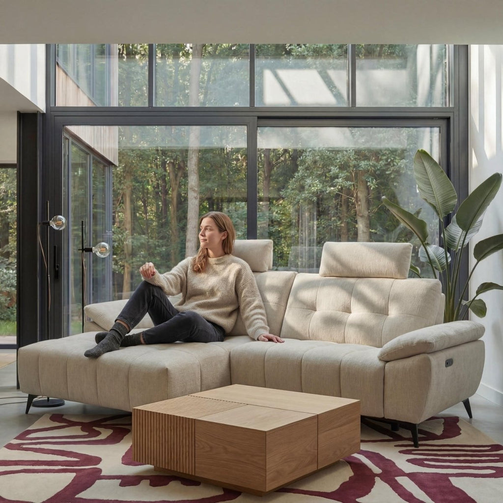 L-Form Ecksofa Links - mit Elektrische Relaxfunktion, USB - Stoffbezug Creme Beige - FURNHOUSE