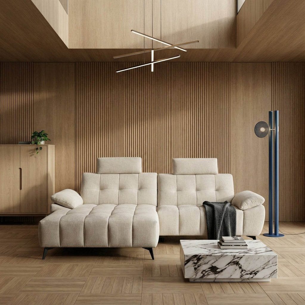 L-Form Ecksofa Links - mit Elektrische Relaxfunktion, USB - Stoffbezug Creme Beige - FURNHOUSE