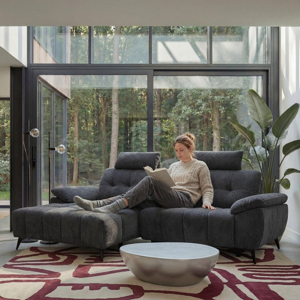 L-Form Ecksofa Links - mit Elektrische Relaxfunktion, USB - Stoffbezug Grau - FURNHOUSE