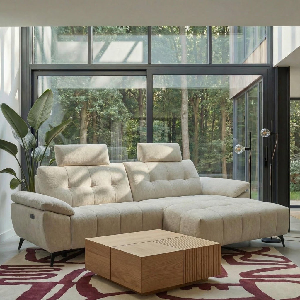 L-Form Ecksofa Rechts - mit Elektrische Relaxfunktion, USB - Stoffbezug Creme Beige - FURNHOUSE