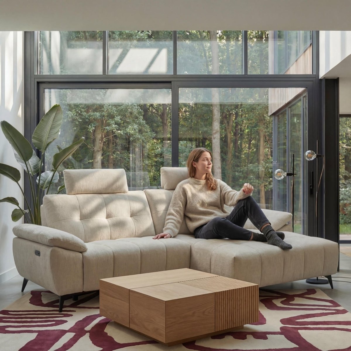 Furnhouse - Ecksofa Colorado - Stoffbezug Cremeweiß - mit Elektrischer Relaxfunktion und USB