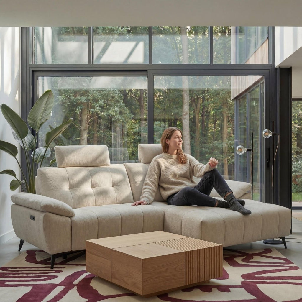 L-Form Ecksofa Rechts - mit Elektrische Relaxfunktion, USB - Stoffbezug Creme Beige - FURNHOUSE
