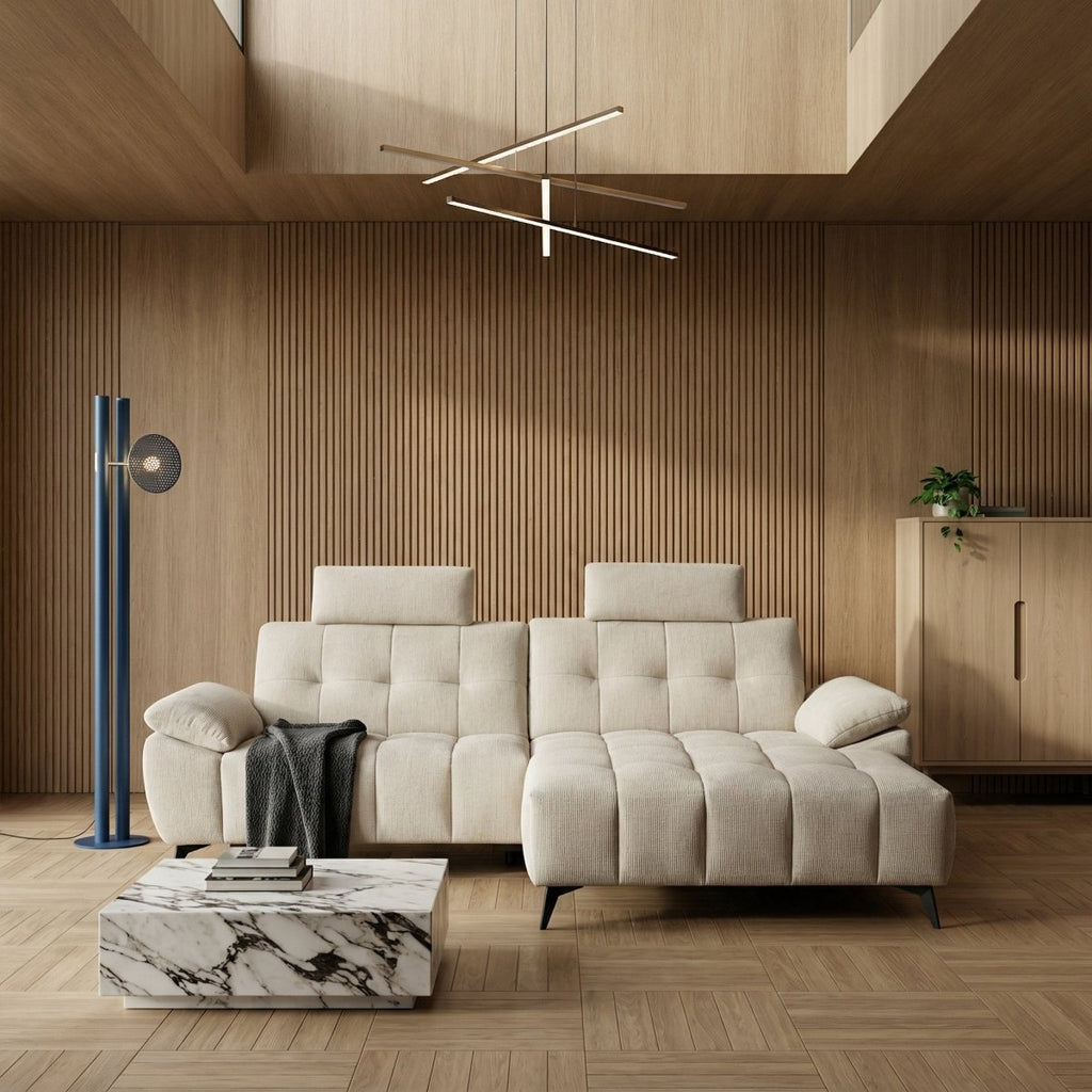L-Form Ecksofa Rechts - mit Elektrische Relaxfunktion, USB - Stoffbezug Creme Beige - FURNHOUSE