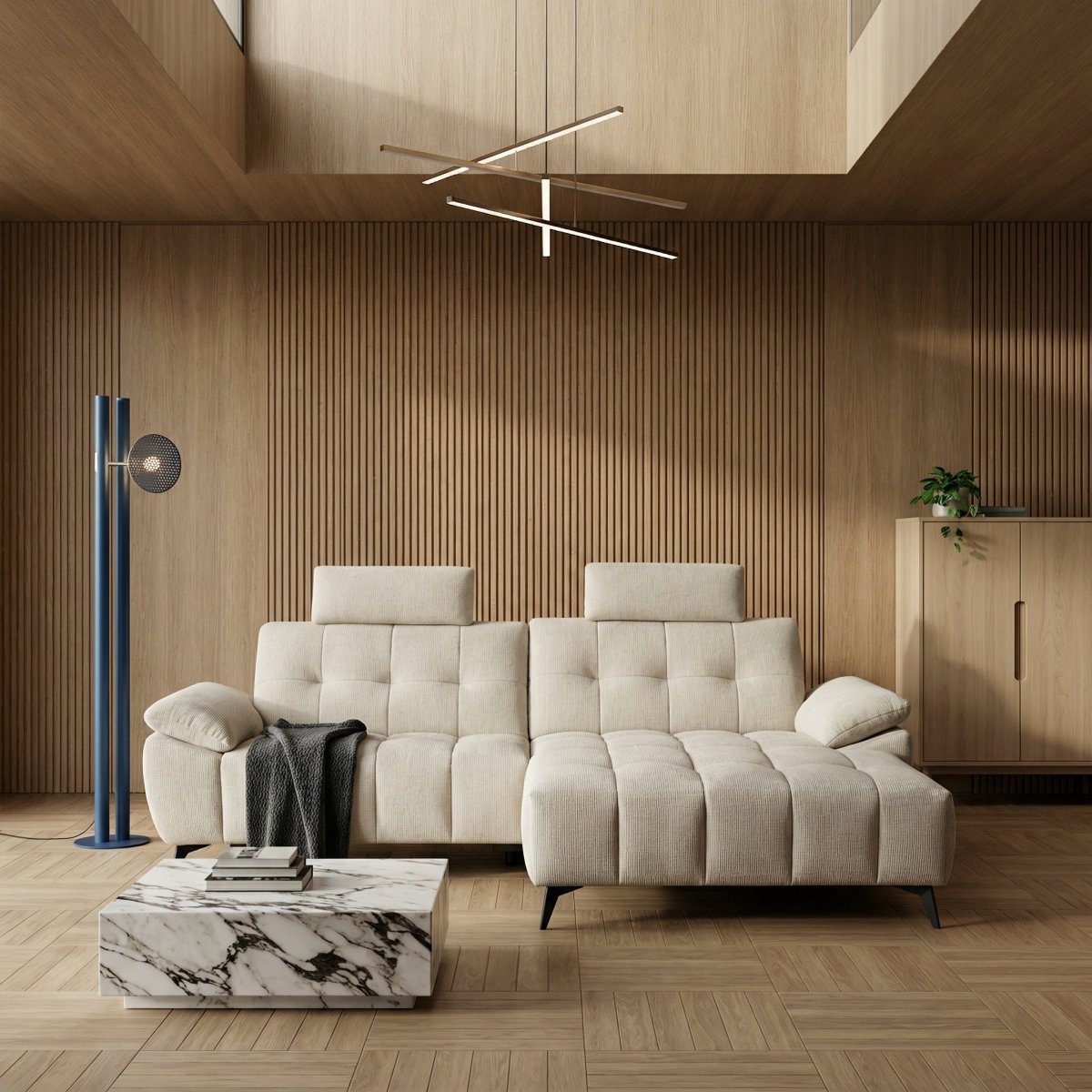 L-Form Ecksofa Rechts - mit Elektrische Relaxfunktion, USB - Stoffbezug Creme Beige - FURNHOUSE