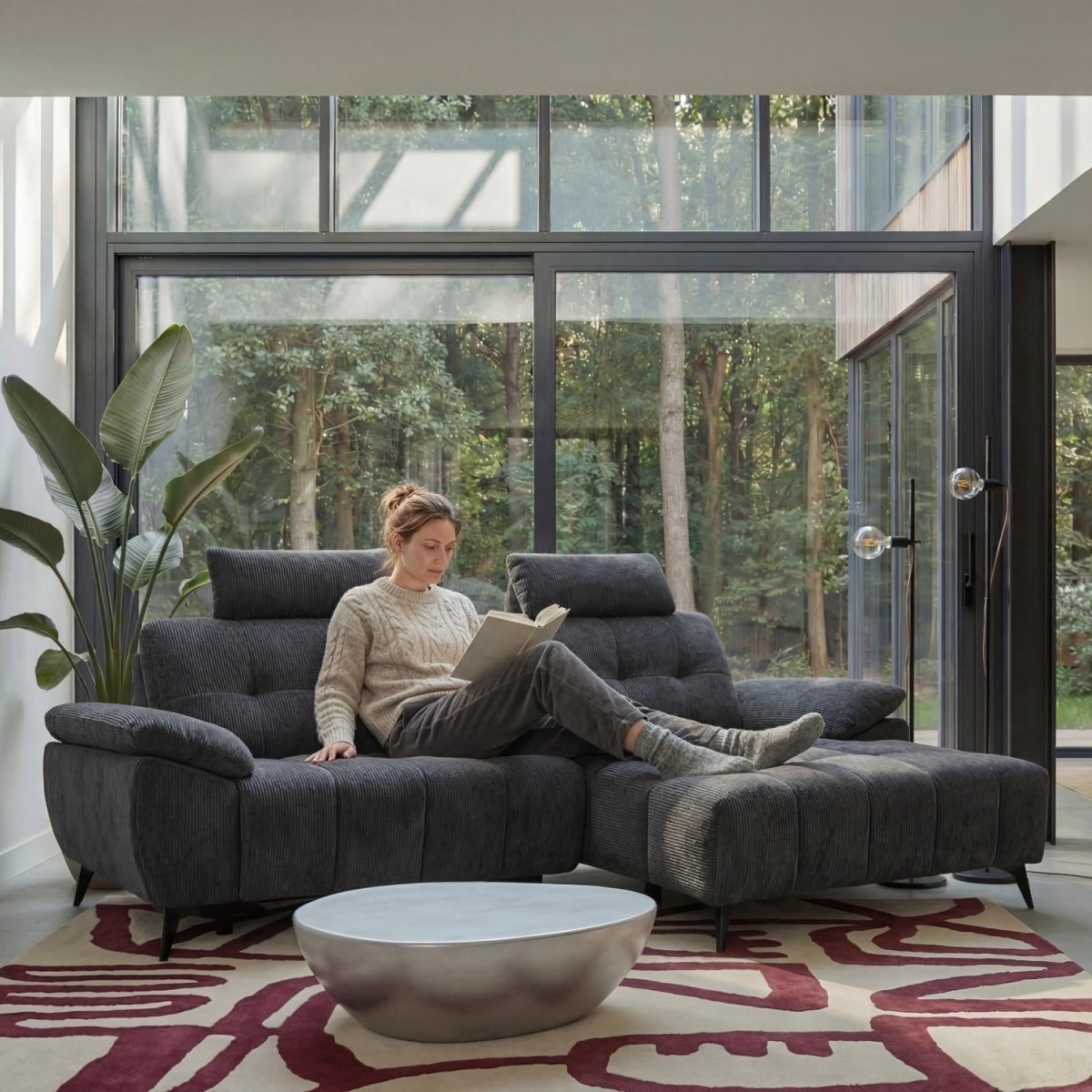 L-Form Ecksofa Rechts - mit Elektrische Relaxfunktion, USB - Stoffbezug Grau - FURNHOUSE