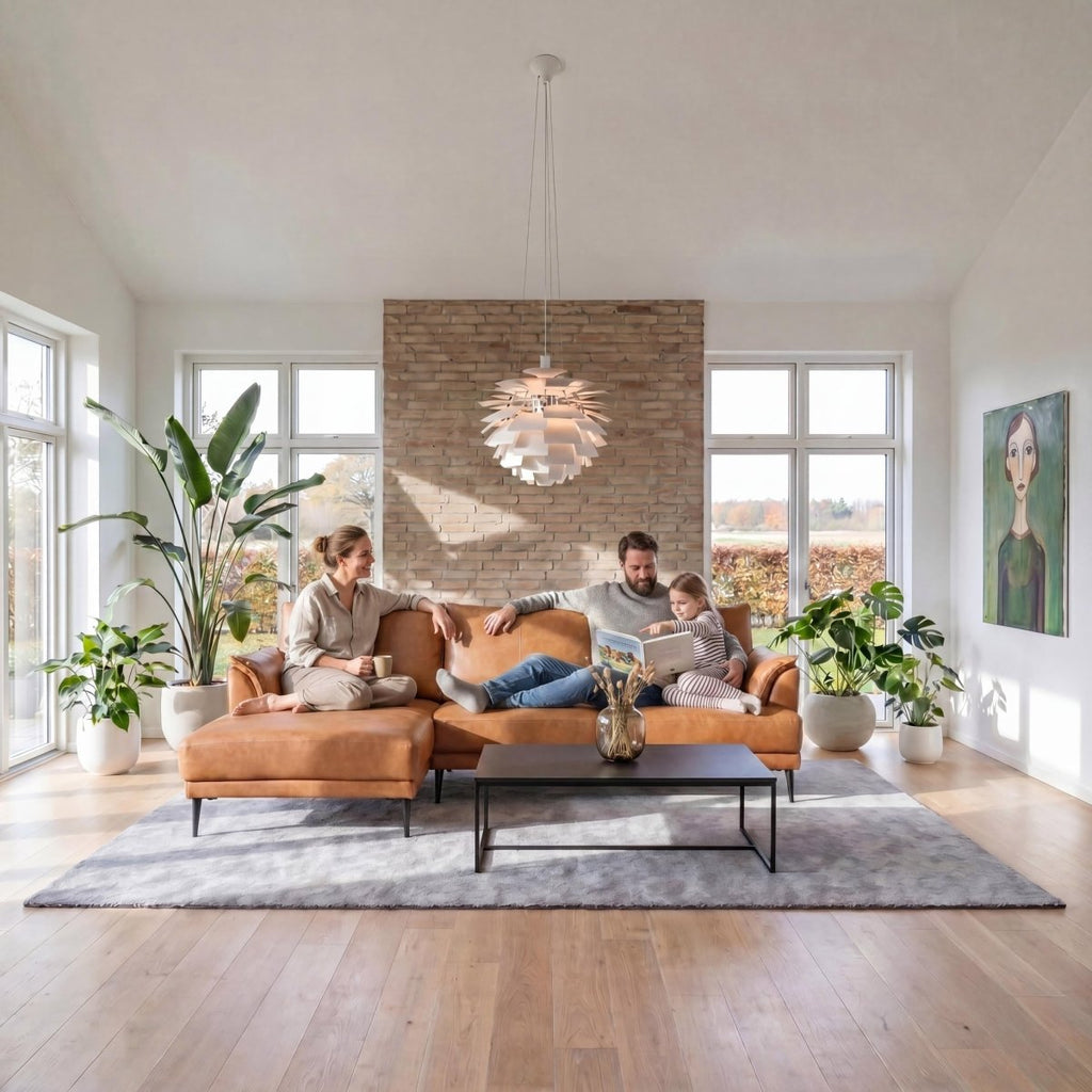L-Form Ledersofa mit Ottomane Links - Echtleder Cognac Braun - FURNHOUSE