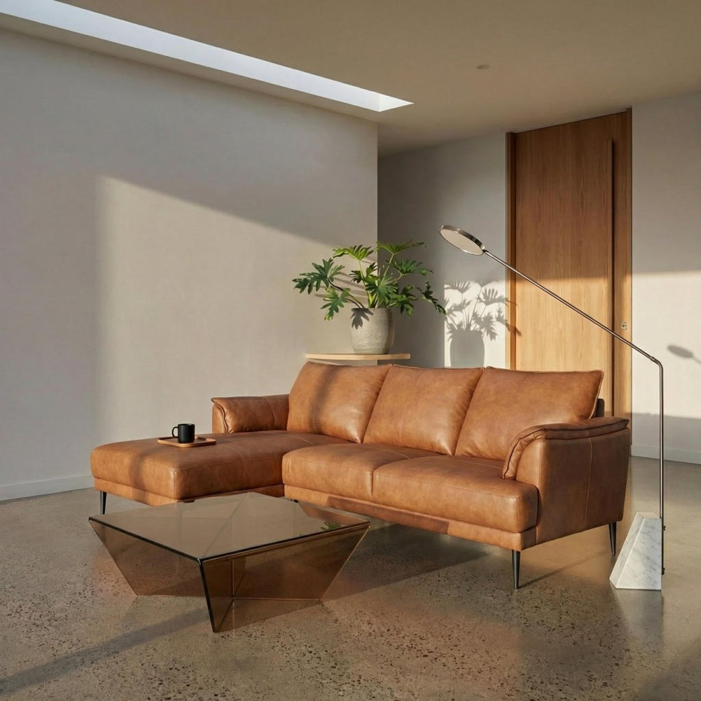 L-Form Ledersofa mit Ottomane Links - Echtleder Cognac Braun - FURNHOUSE