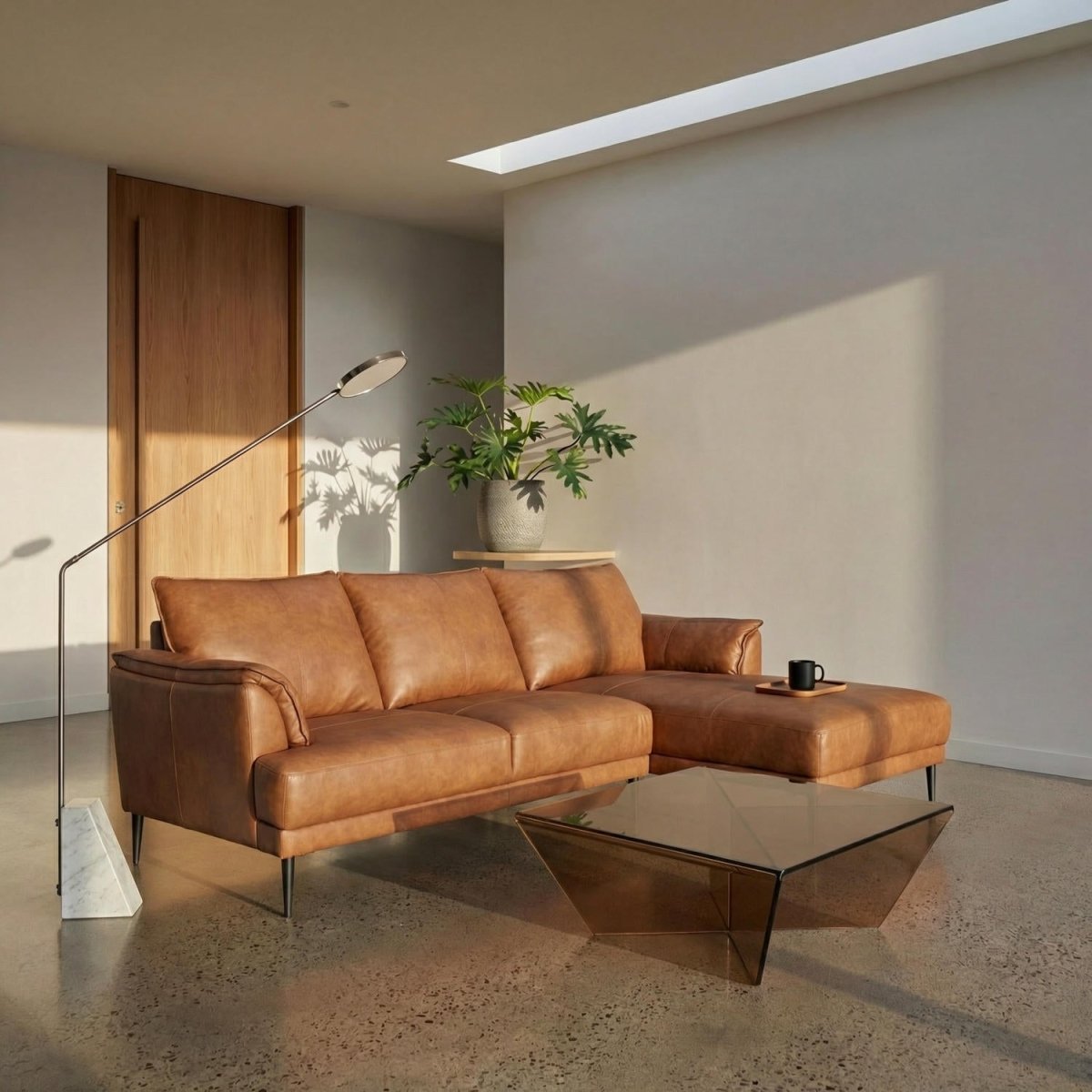 L-Form Ledersofa mit Ottomane Links - Echtleder Cognac Braun - FURNHOUSE