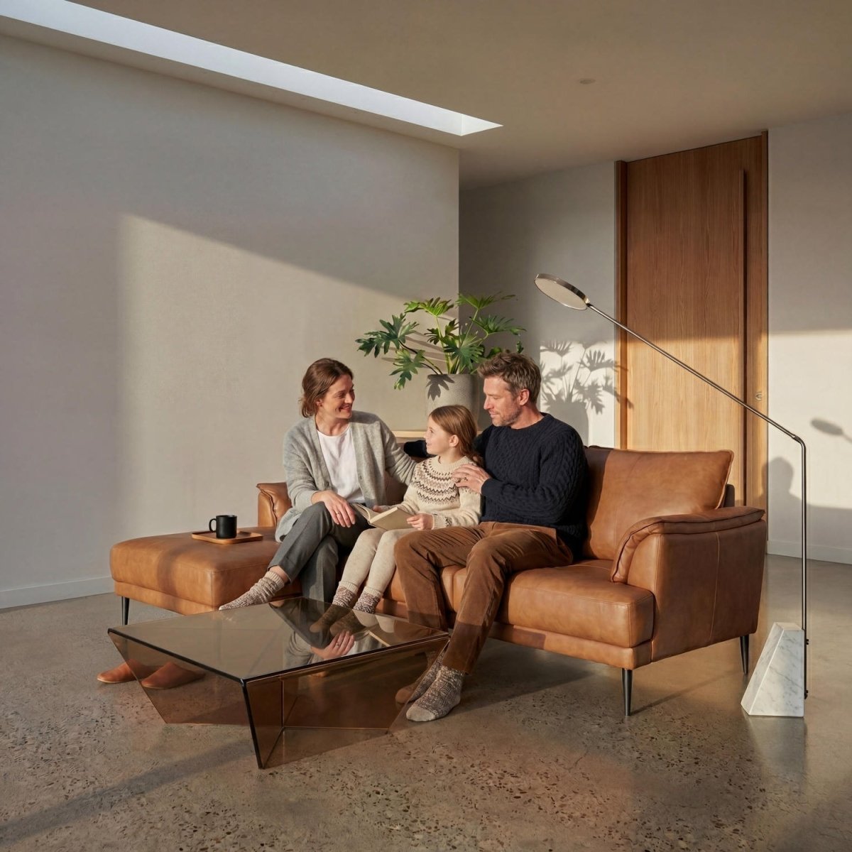 L-Form Ledersofa mit Ottomane Links - Echtleder Cognac Braun - FURNHOUSE