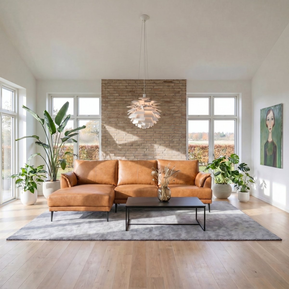L - Form Ledersofa mit Ottomane Links - Echtleder Cognac Braun - IBBE DESIGN - FURNHOUSE