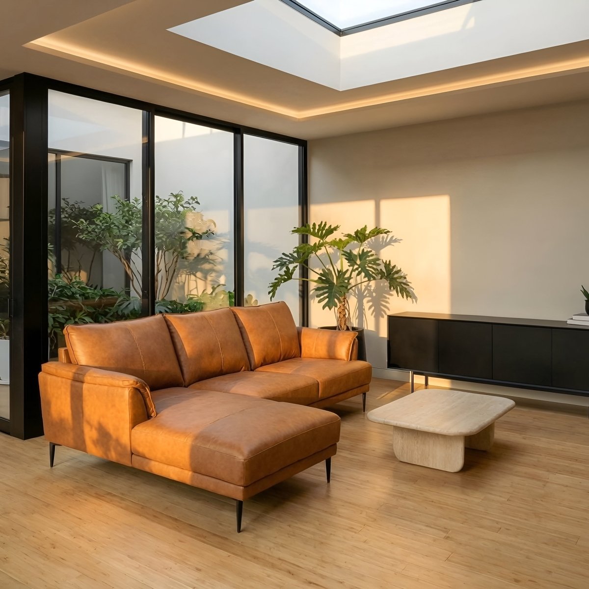 L-Form Ledersofa mit Ottomane Links - Echtleder Cognac Braun - FURNHOUSE