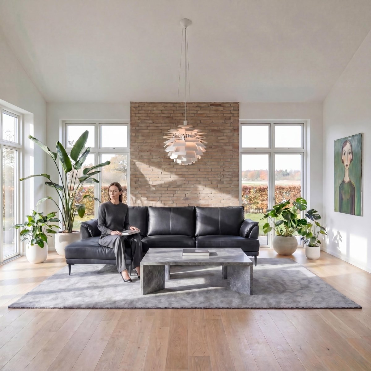 L - Form Ledersofa mit Ottomane Links - Echtleder Schwarz - IBBE DESIGN - FURNHOUSE