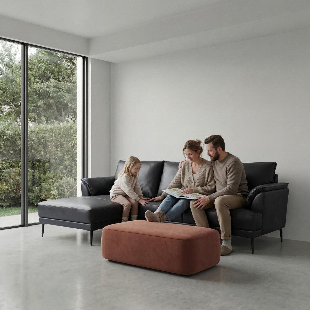 L-Form Ledersofa mit Ottomane Links - Echtleder Schwarz - FURNHOUSE