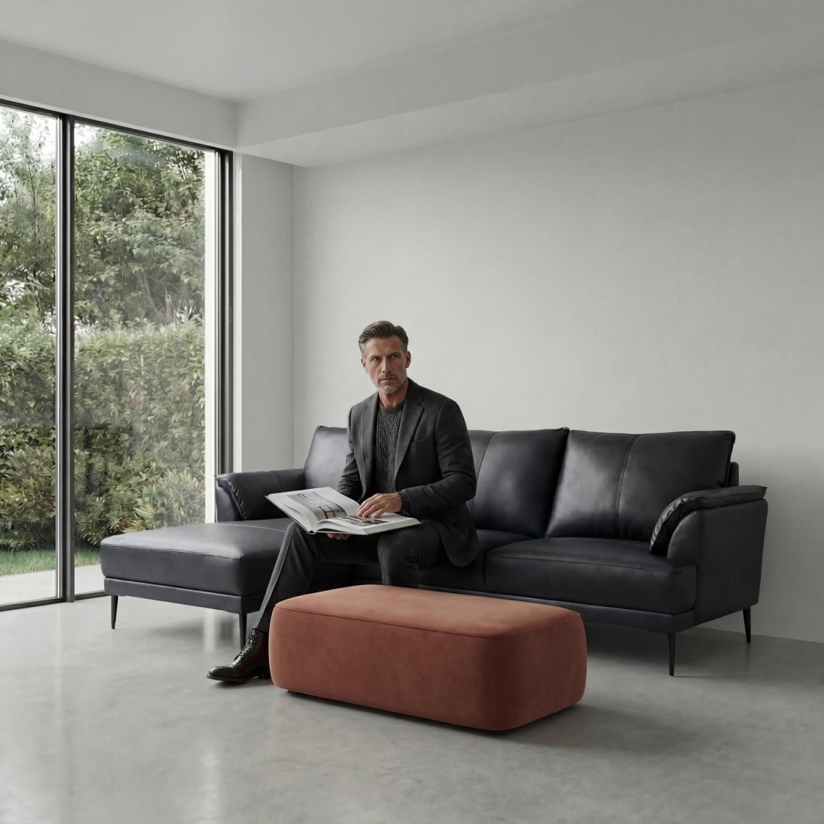 L-Form Ledersofa mit Ottomane Links - Echtleder Schwarz - FURNHOUSE