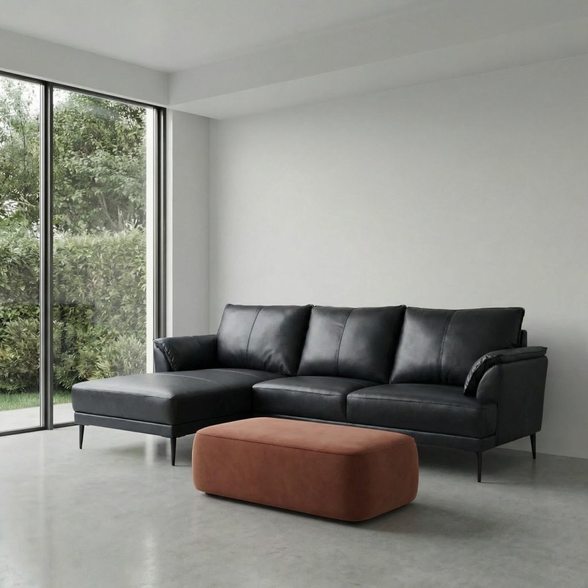 L-Form Ledersofa mit Ottomane Links - Echtleder Schwarz - FURNHOUSE