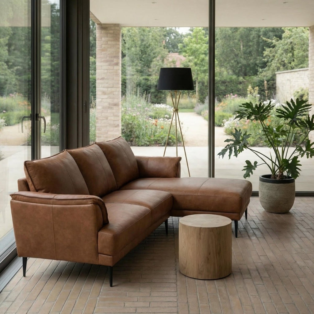 L-Form Ledersofa mit Ottomane Rechts - Echtleder Cognac Braun - FURNHOUSE