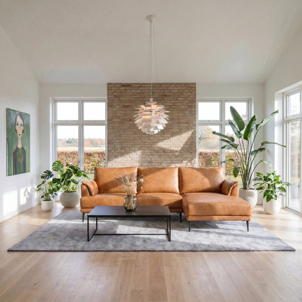 L-Form Ledersofa mit Ottomane Rechts - Echtleder Cognac Braun - FURNHOUSE