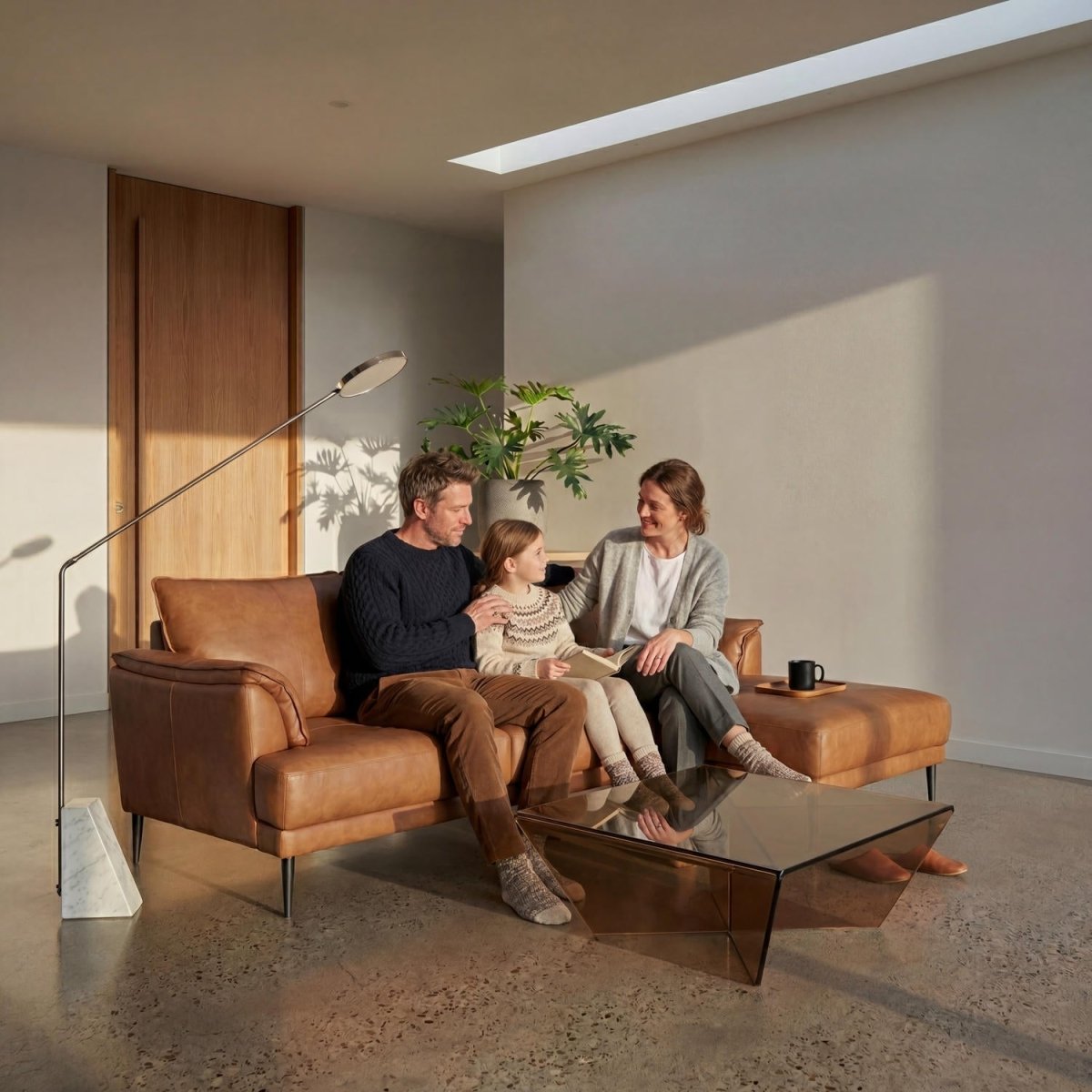 L-Form Ledersofa mit Ottomane Rechts - Echtleder Cognac Braun - FURNHOUSE