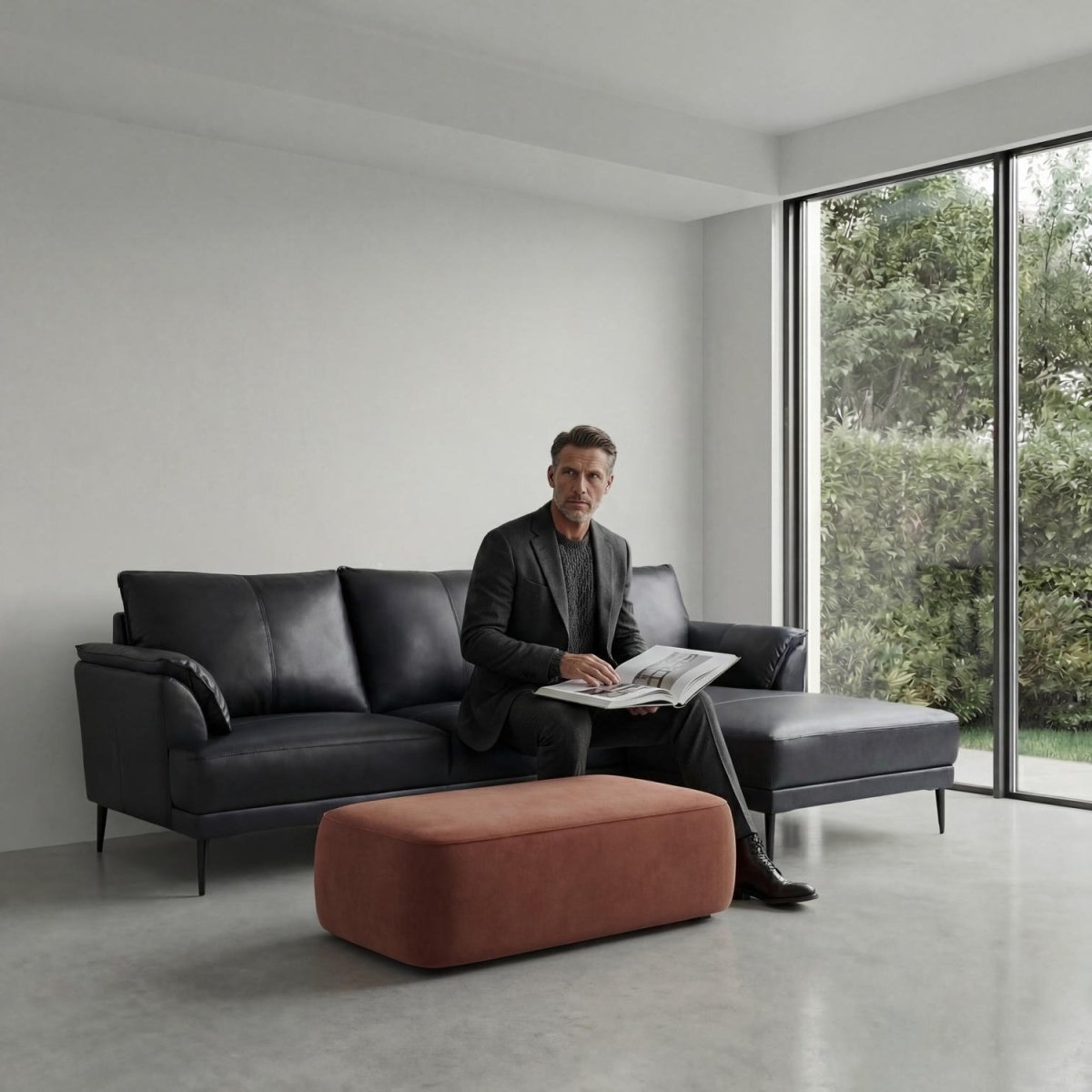 L-Form Ledersofa mit Ottomane Rechts - Echtleder Schwarz - FURNHOUSE