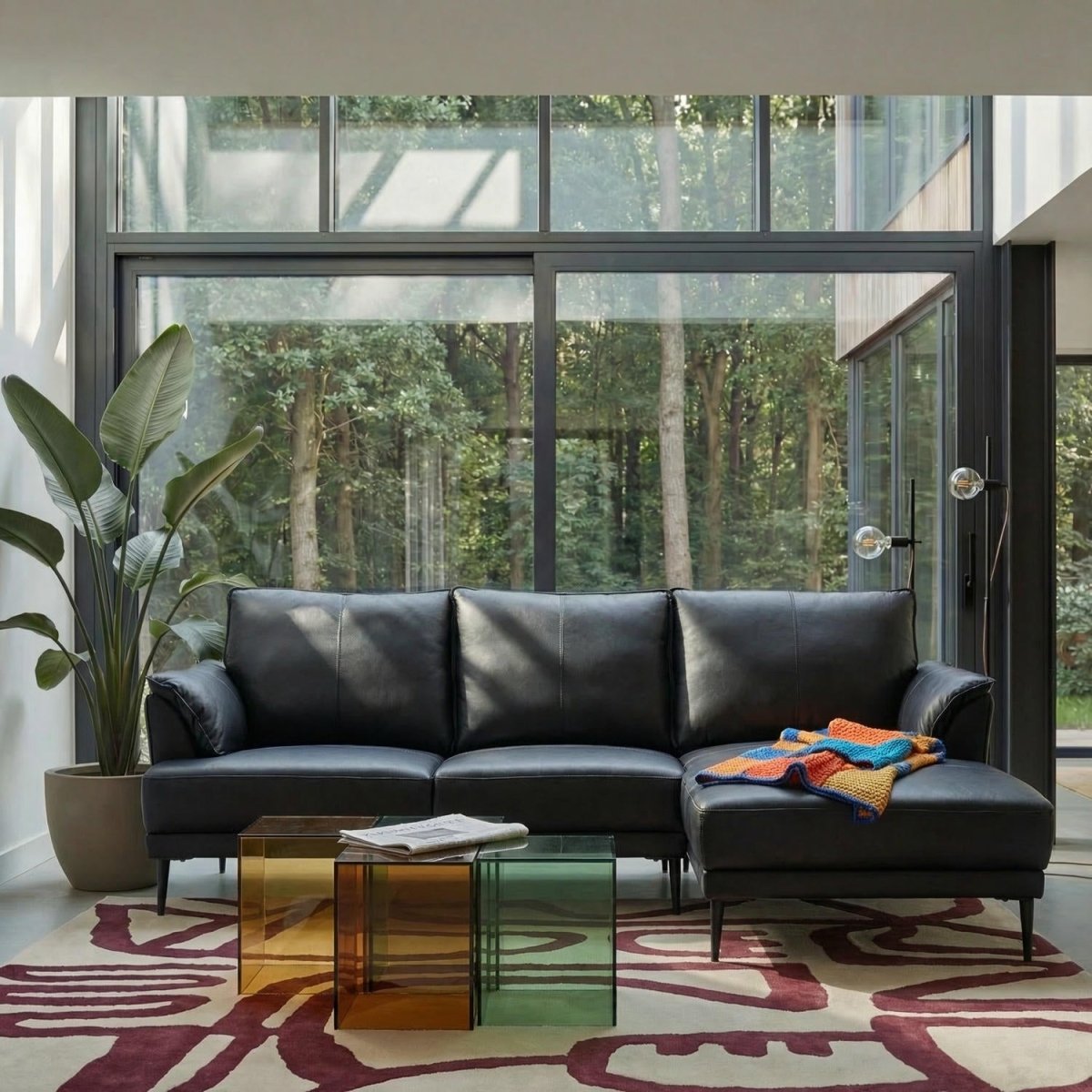 L-Form Ledersofa mit Ottomane Rechts - Echtleder Schwarz - FURNHOUSE