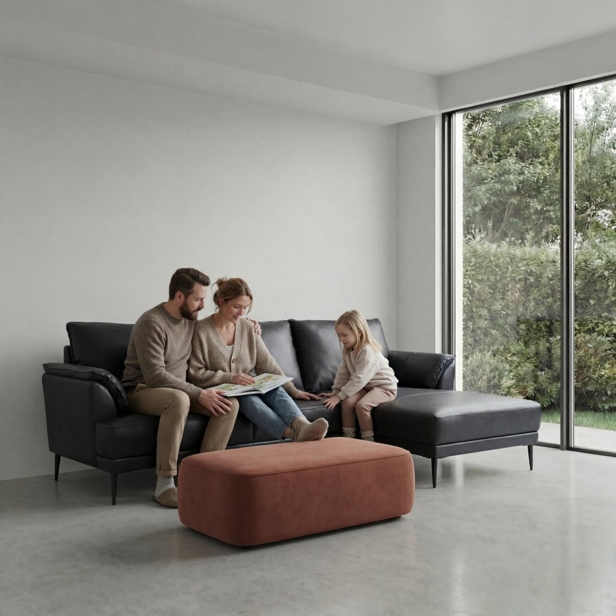 L-Form Ledersofa mit Ottomane Rechts - Echtleder Schwarz - FURNHOUSE