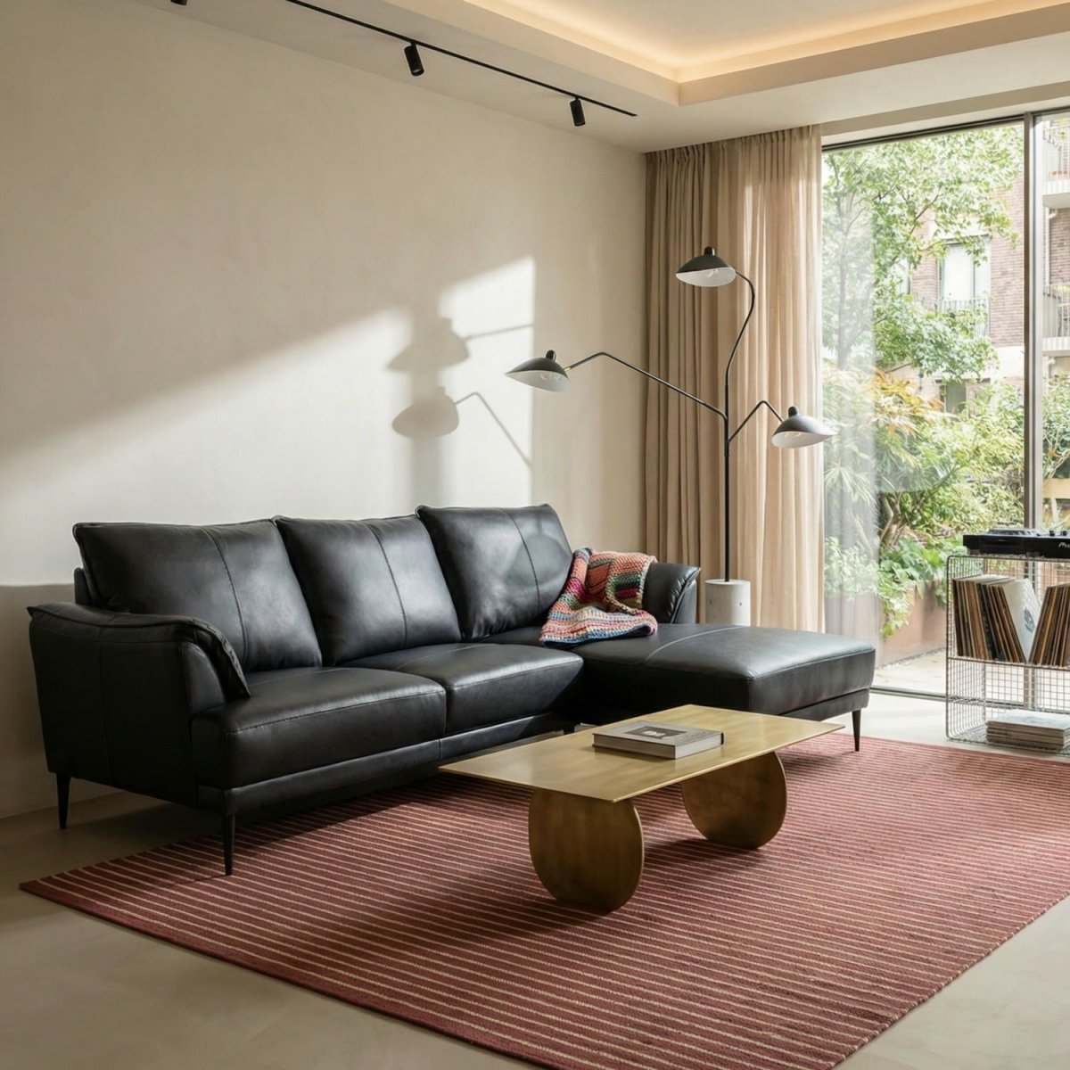 L-Form Ledersofa mit Ottomane Rechts - Echtleder Schwarz - FURNHOUSE