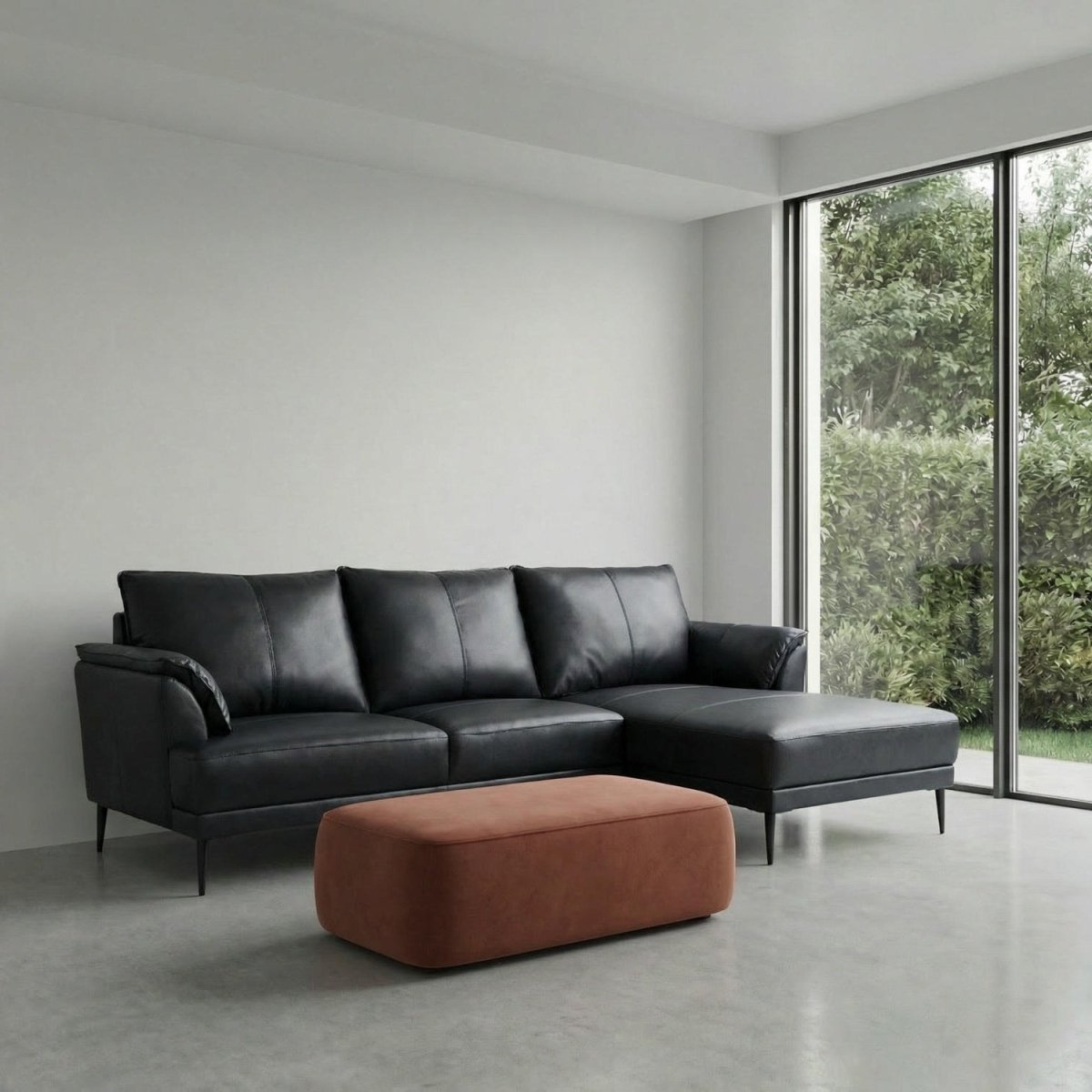 L-Form Ledersofa mit Ottomane Rechts - Echtleder Schwarz - FURNHOUSE