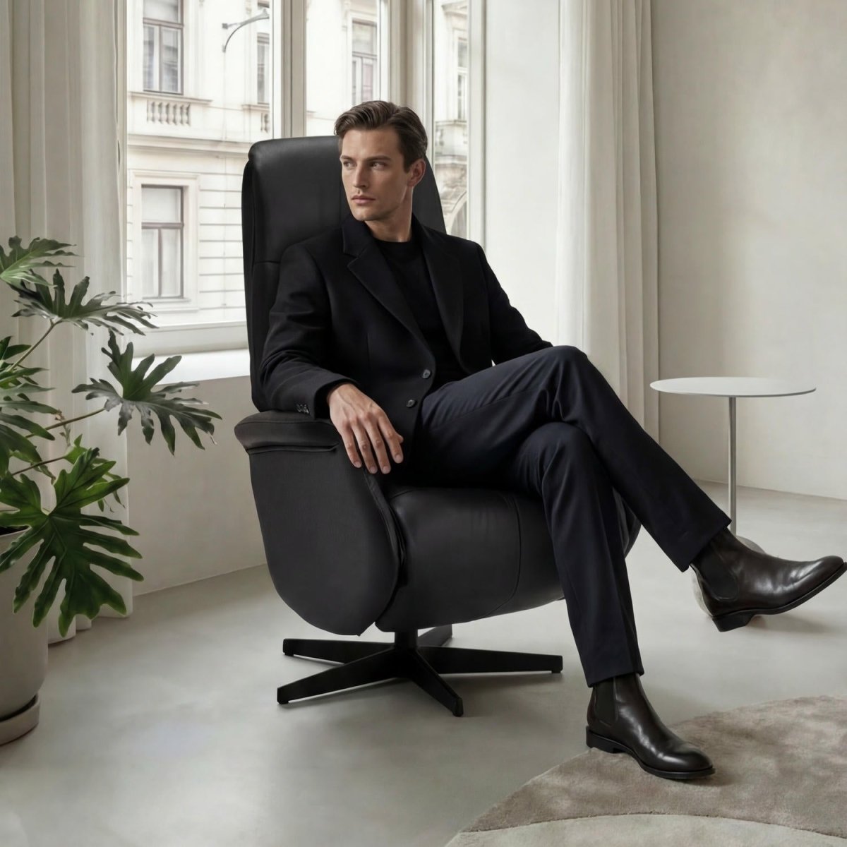 Manueller Relaxsessel - Echtleder Schwarz - FURNHOUSE