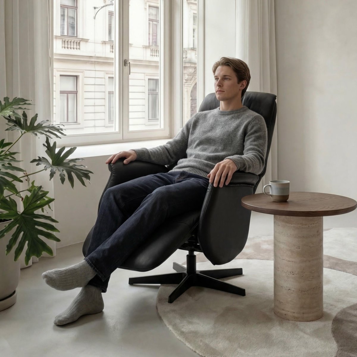 Manueller Relaxsessel - Echtleder Schwarz - FURNHOUSE