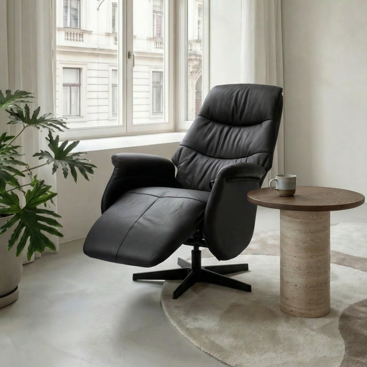 Manueller Relaxsessel - Echtleder/PVC Schwarz - FURNHOUSE