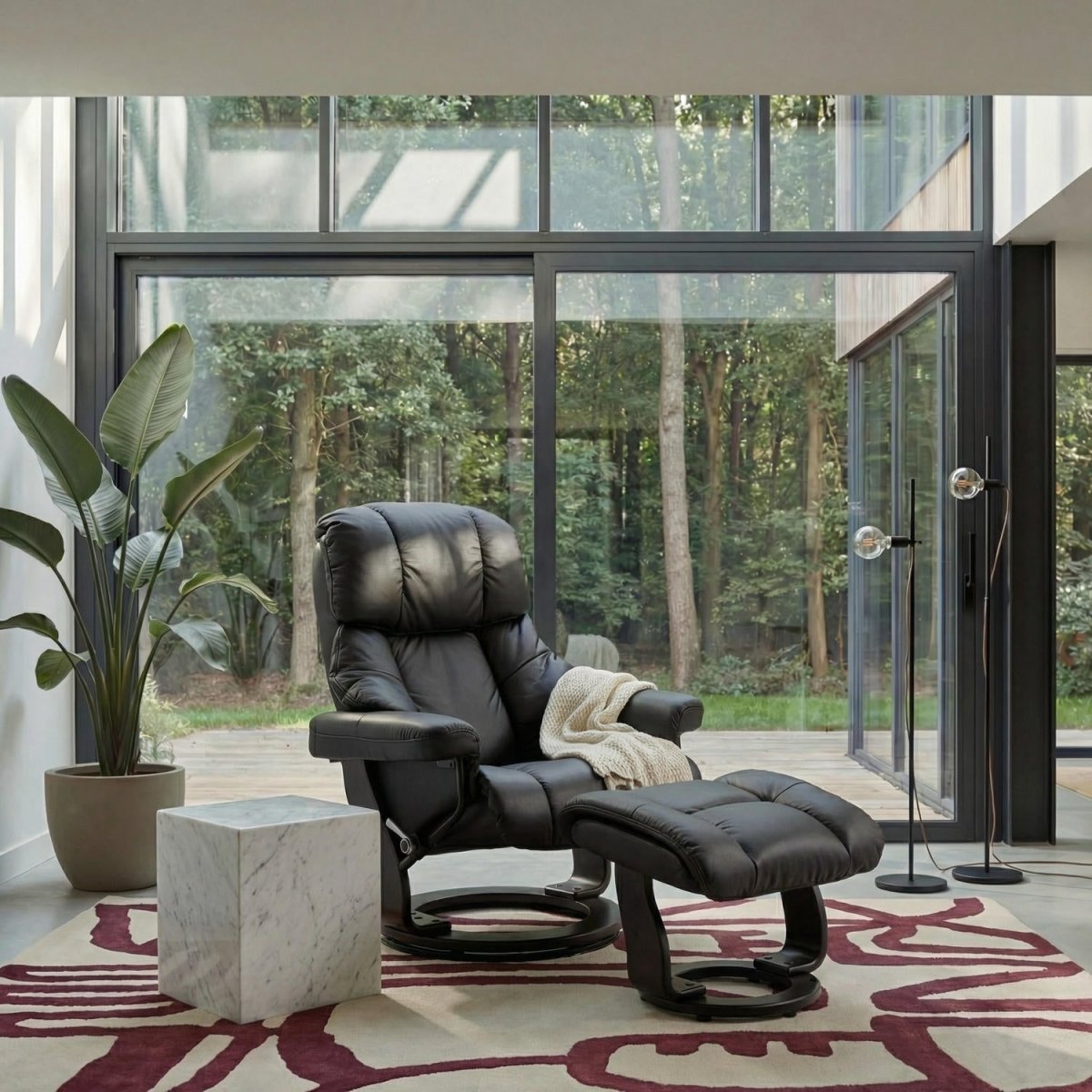 Manueller Relaxsessel mit Fußhocker - Echtleder/PVC Schwarz - FURNHOUSE