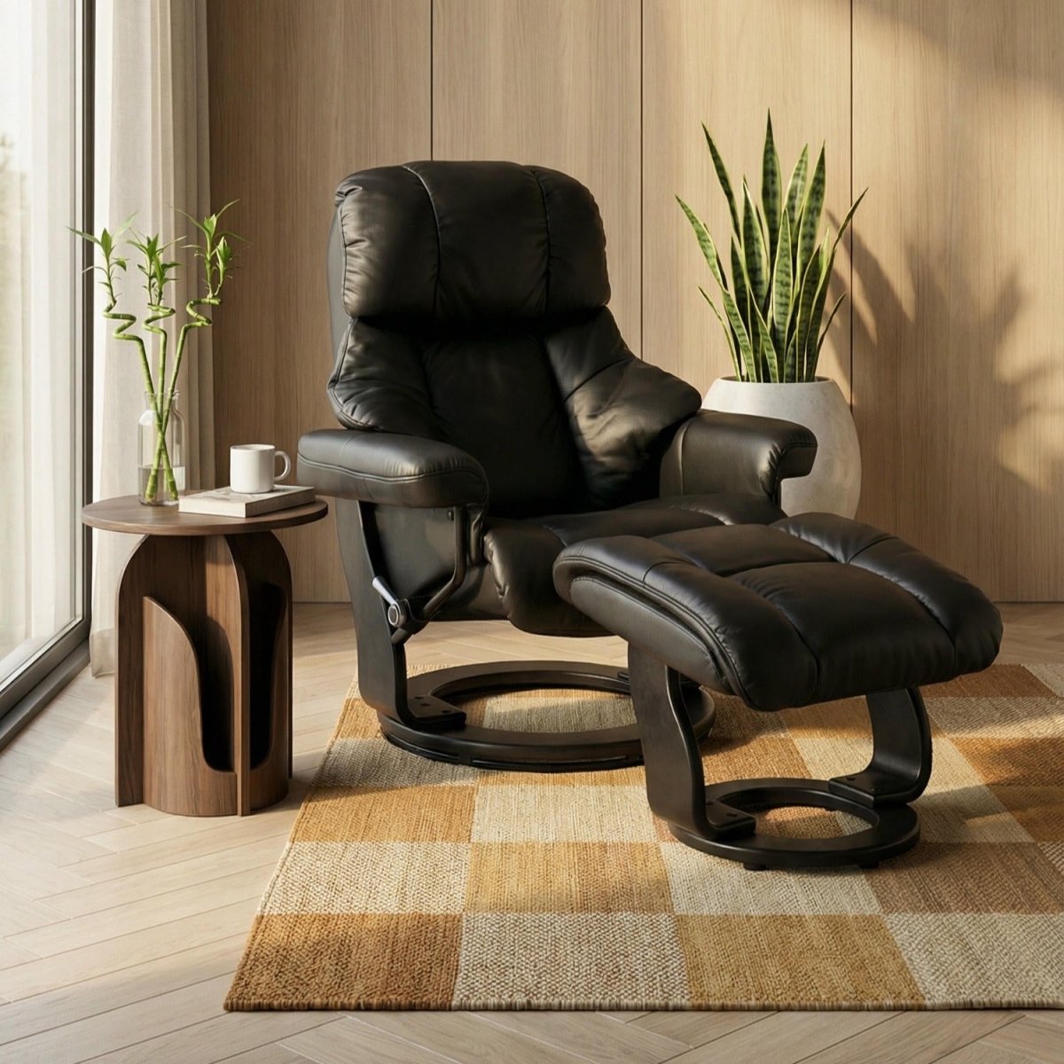 Manueller Relaxsessel mit Fußhocker - Echtleder/PVC Schwarz - FURNHOUSE