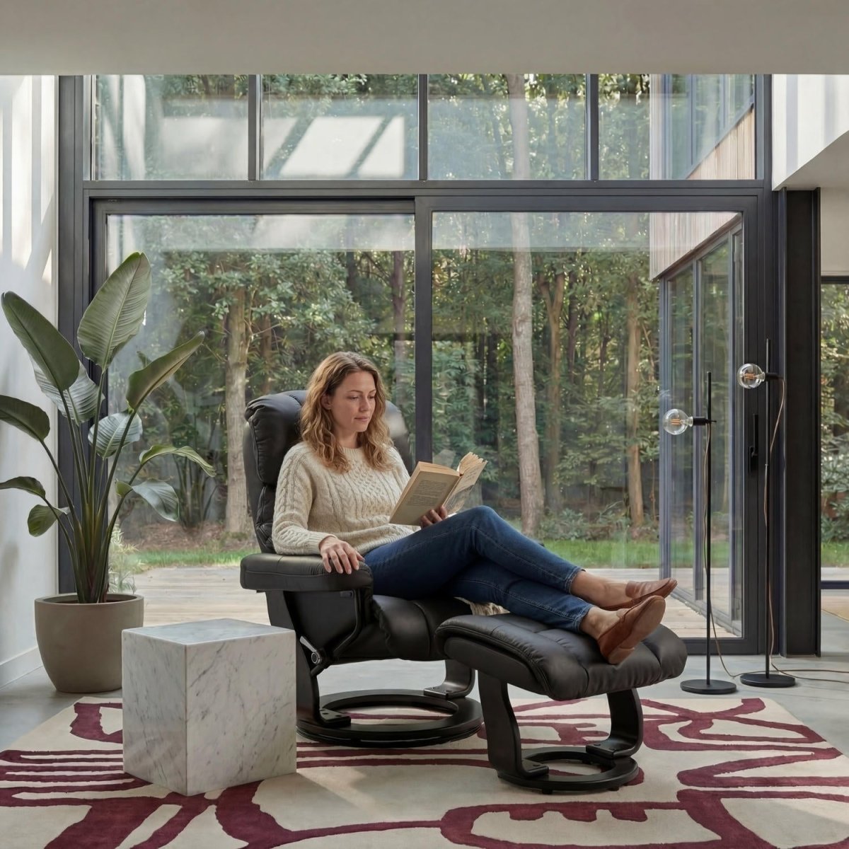 Manueller Relaxsessel mit Fußhocker - Echtleder/PVC Schwarz - FURNHOUSE