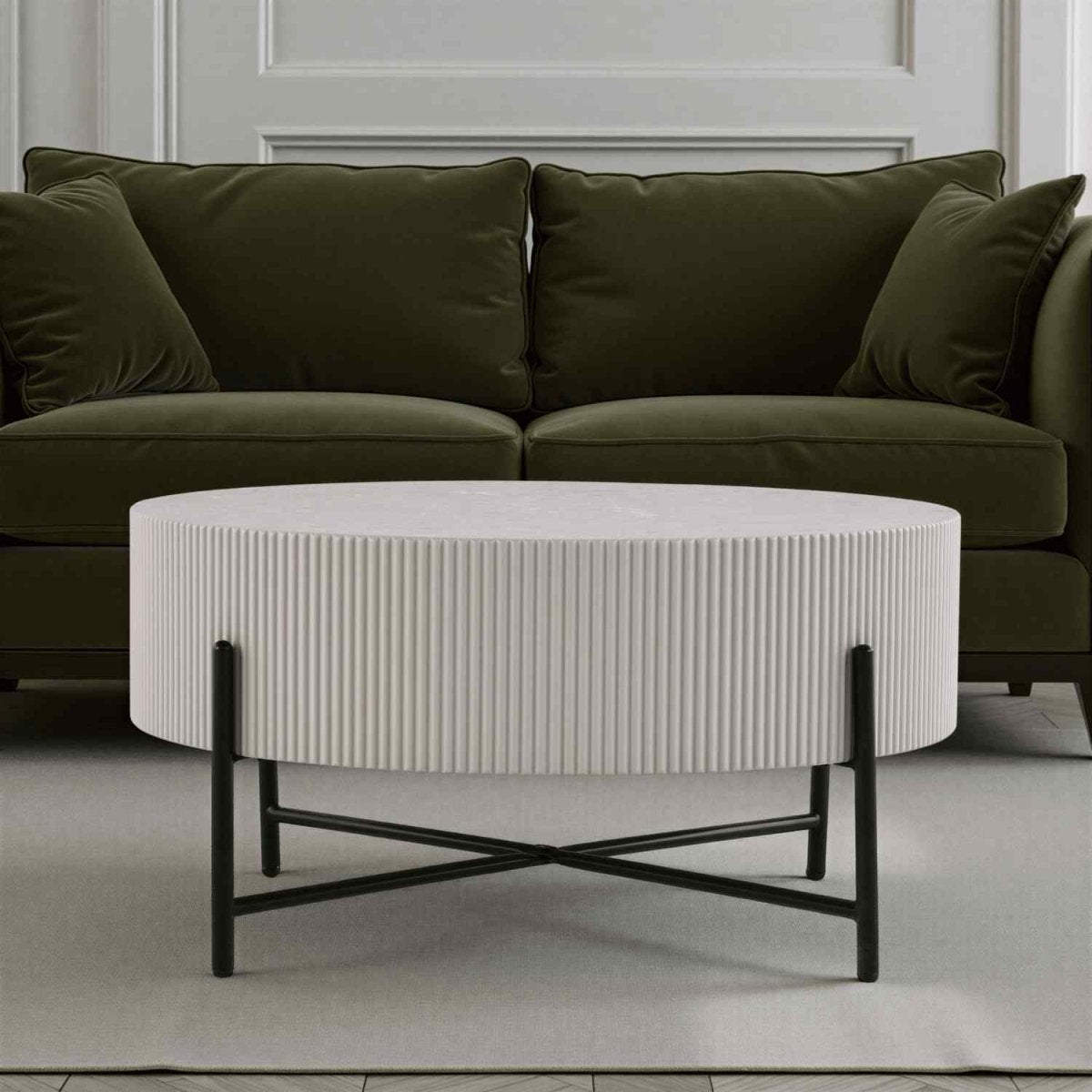 Milo Couchtisch Rund ø80 cm - Marmoroptik & Lamellenoptik Grau - FURNHOUSE