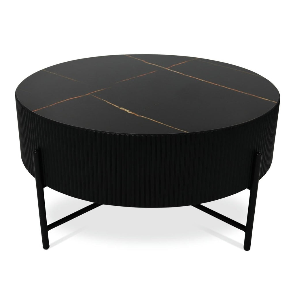 Milo Couchtisch Rund ø80 cm - Marmoroptik & Lamellenoptik Schwarz - FURNHOUSE