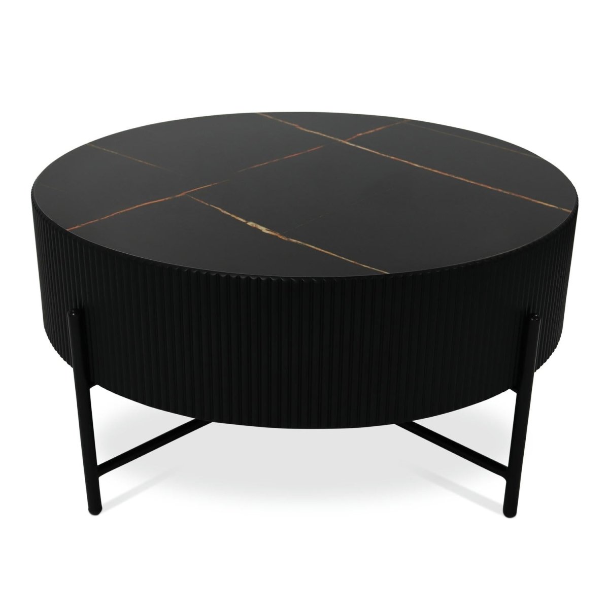 Milo Couchtisch Rund ø80 cm - Marmoroptik & Lamellenoptik Schwarz - FURNHOUSE