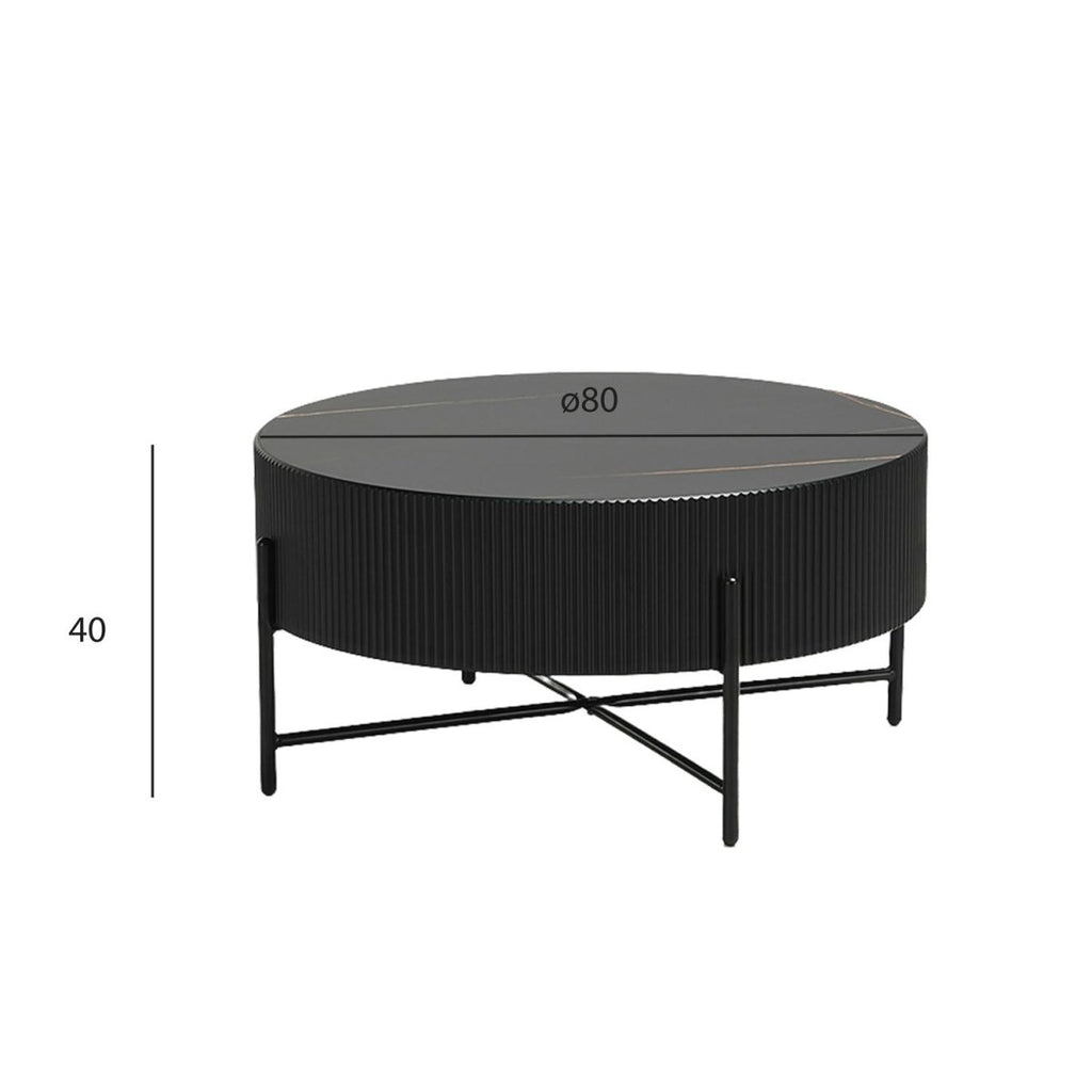 Milo Couchtisch Rund ø80 cm - Marmoroptik & Lamellenoptik Schwarz - FURNHOUSE