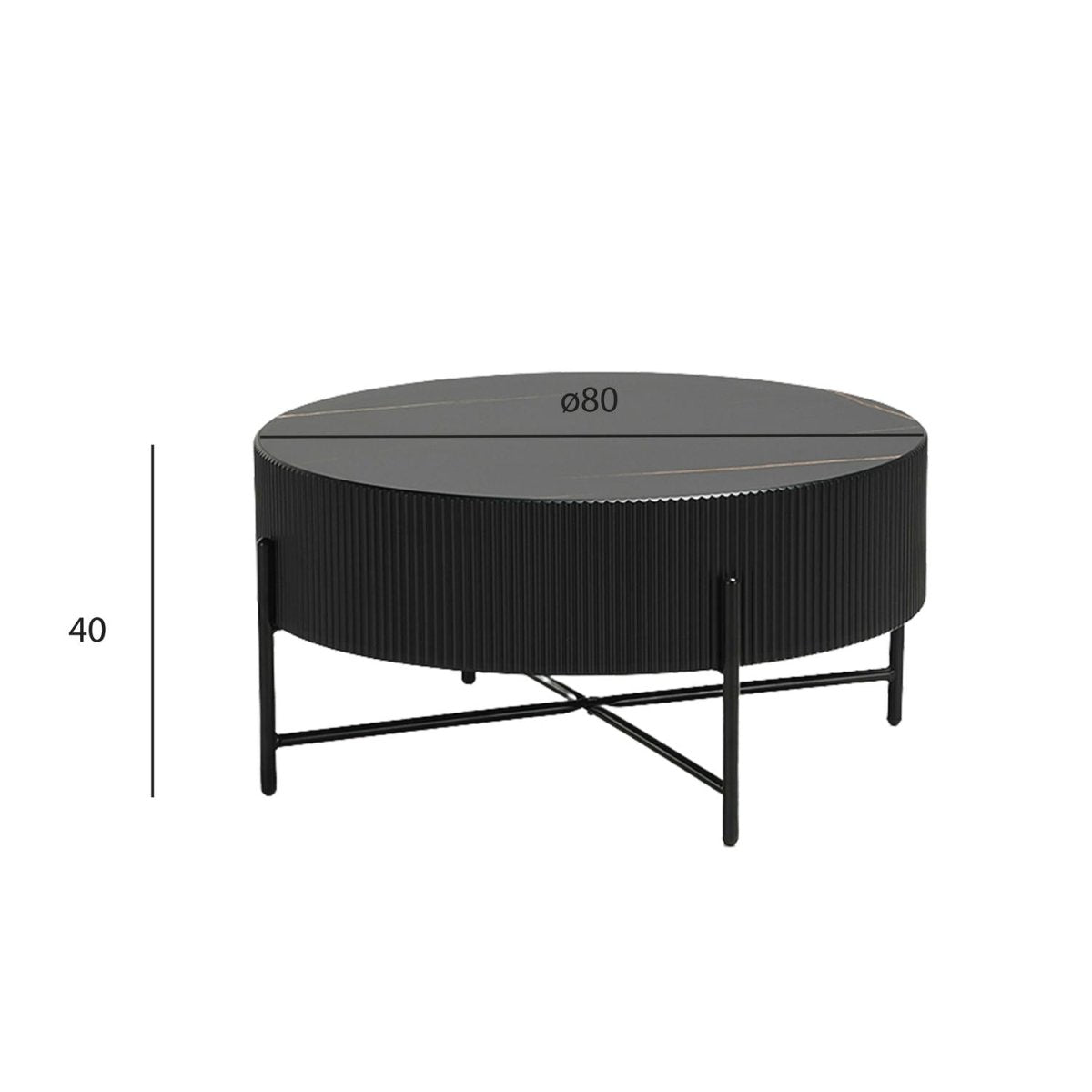 Milo Couchtisch Rund ø80 cm - Marmoroptik & Lamellenoptik Schwarz - FURNHOUSE