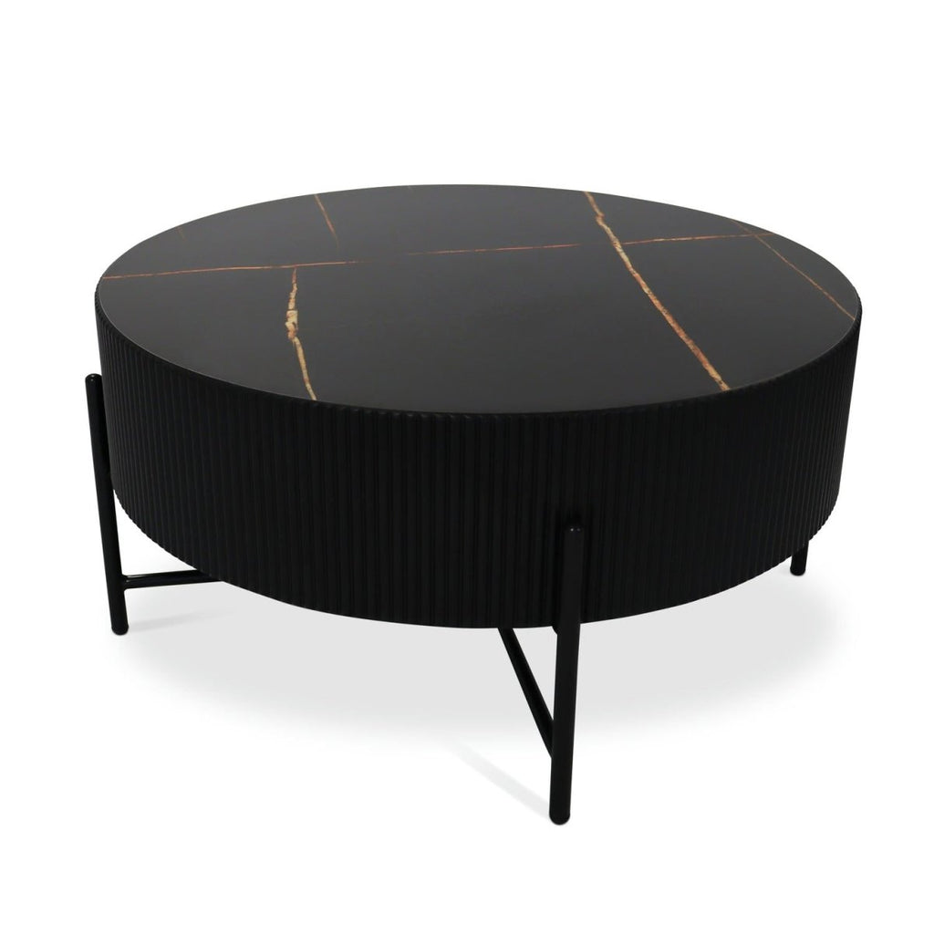 Milo Couchtisch Rund ø80 cm - Marmoroptik & Lamellenoptik Schwarz - FURNHOUSE