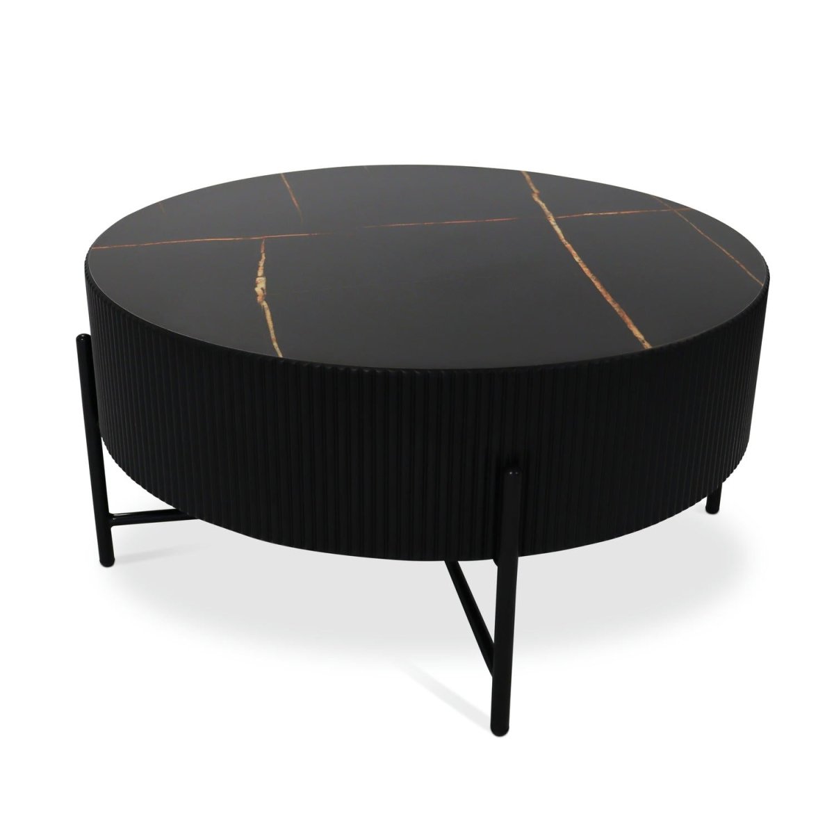 Milo Couchtisch Rund ø80 cm - Marmoroptik & Lamellenoptik Schwarz - FURNHOUSE