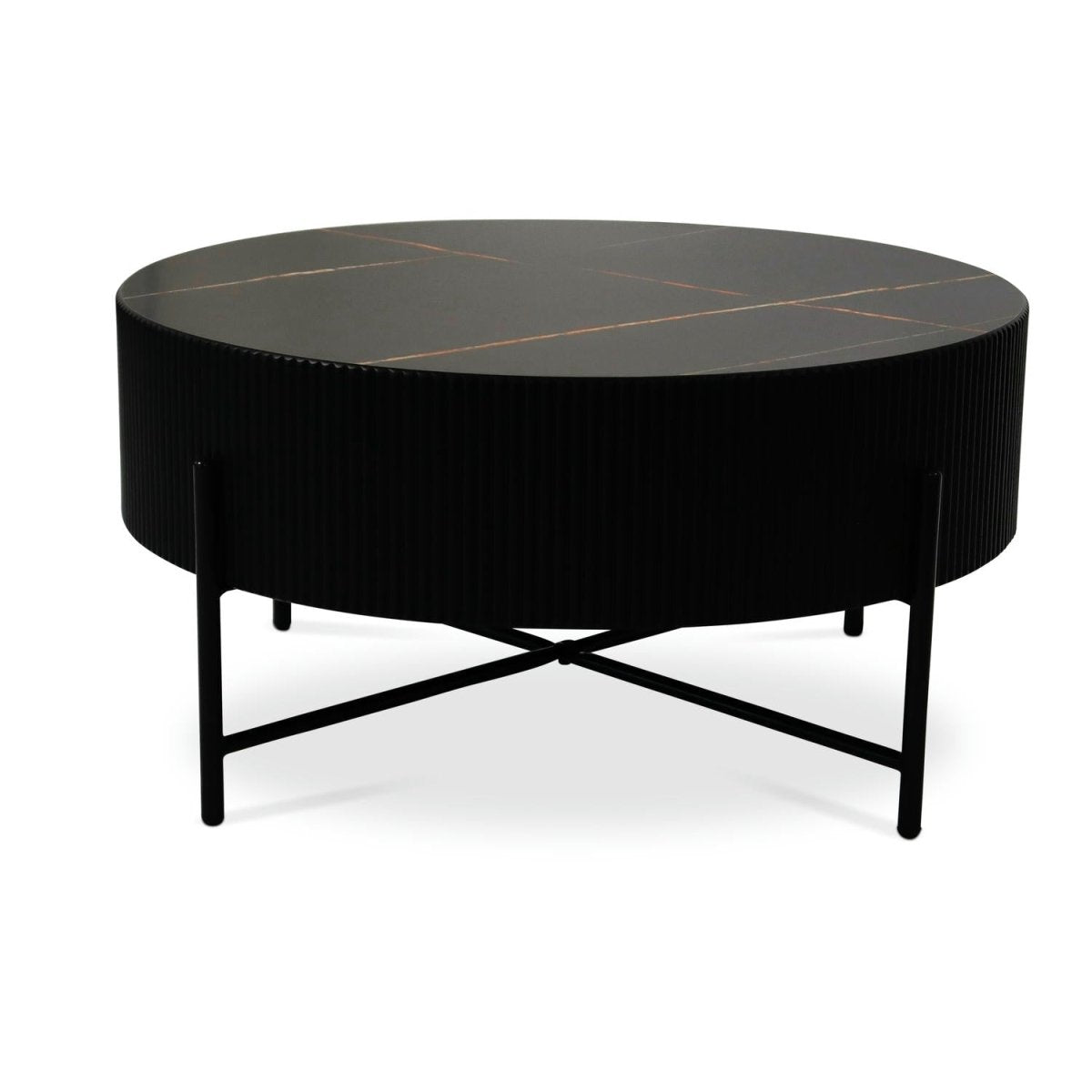 Milo Couchtisch Rund ø80 cm - Marmoroptik & Lamellenoptik Schwarz - FURNHOUSE