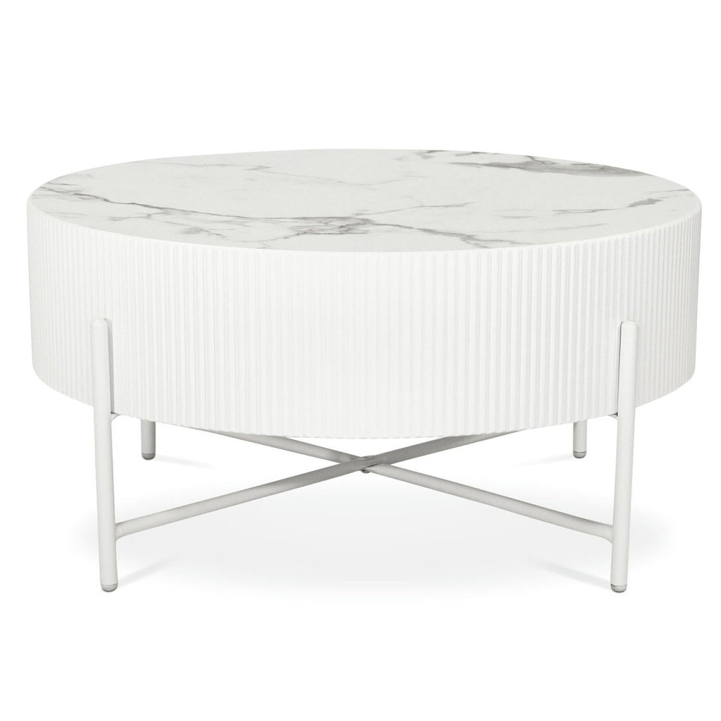 Milo Couchtisch Rund ø80 cm - Marmoroptik & Lamellenoptik Weiß - FURNHOUSE