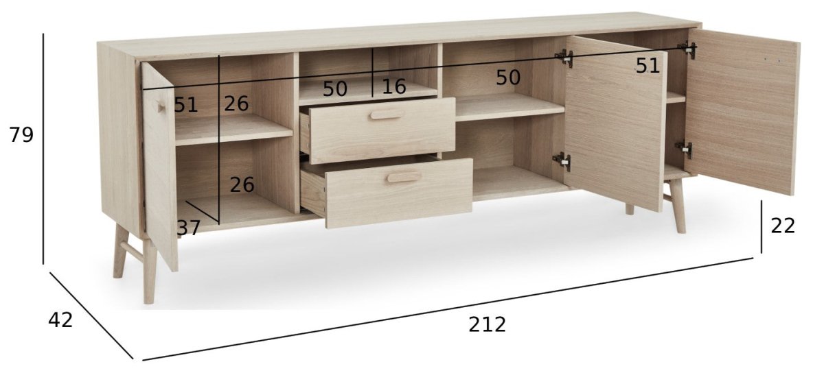 Porto Sideboard mit 3 Türen - 212 cm breit - Eiche Weiß geöltes - FURNHOUSE