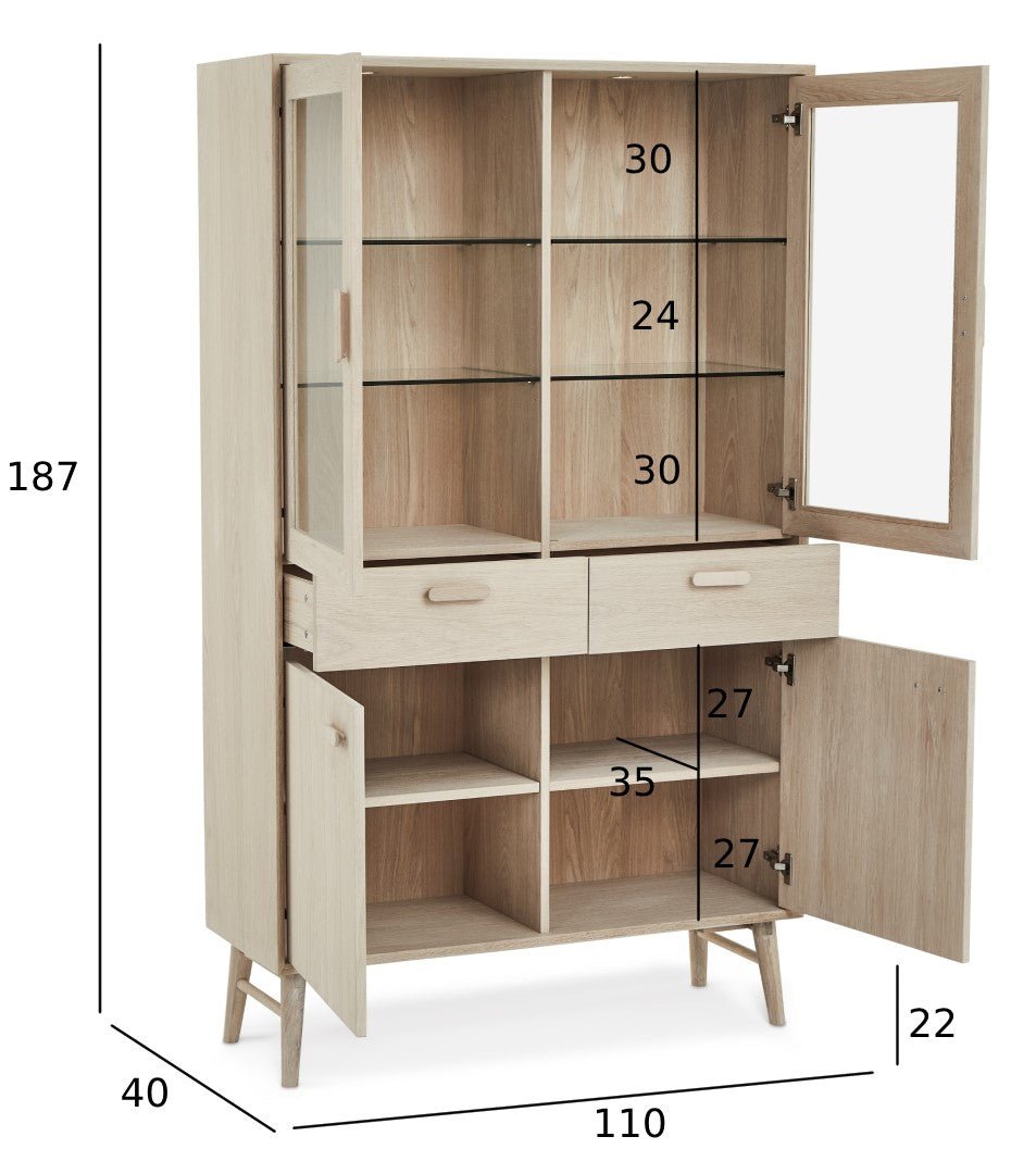 Porto Vitrine mit LED-Beleuchtung - 110 cm breit - Eiche Weiß geöltes - FURNHOUSE