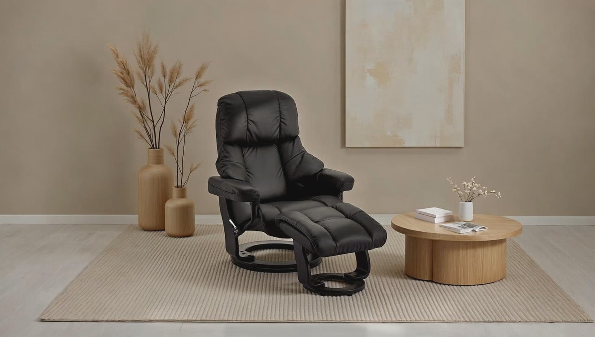 Crown Manueller Relaxsessel mit Fußhocker - Echtleder/PVC Schwarz