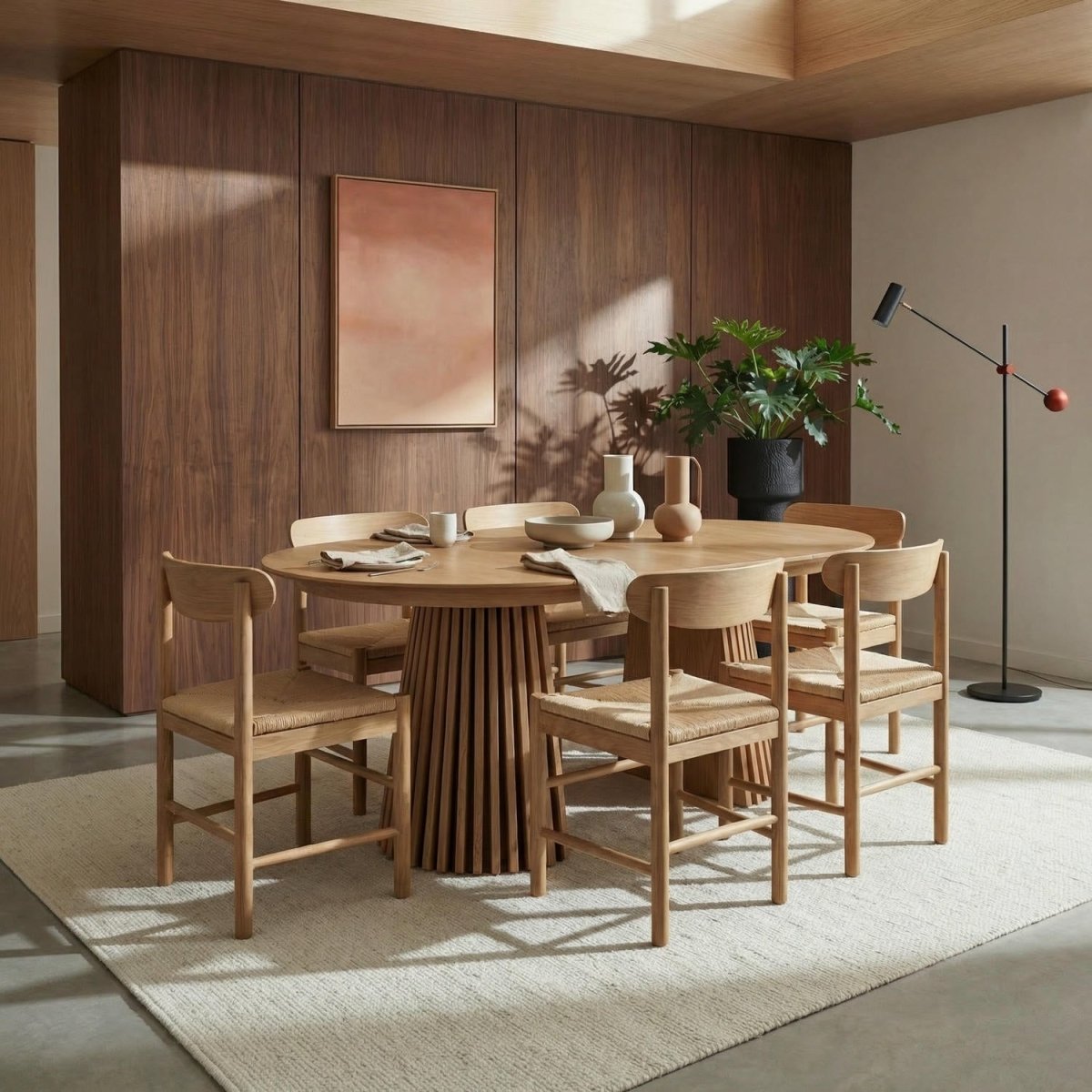 Essgruppe mit 6 Stühle und Esstisch - ø120 cm - Ausziehbar bis 220 cm Wildeiche - FURNHOUSE