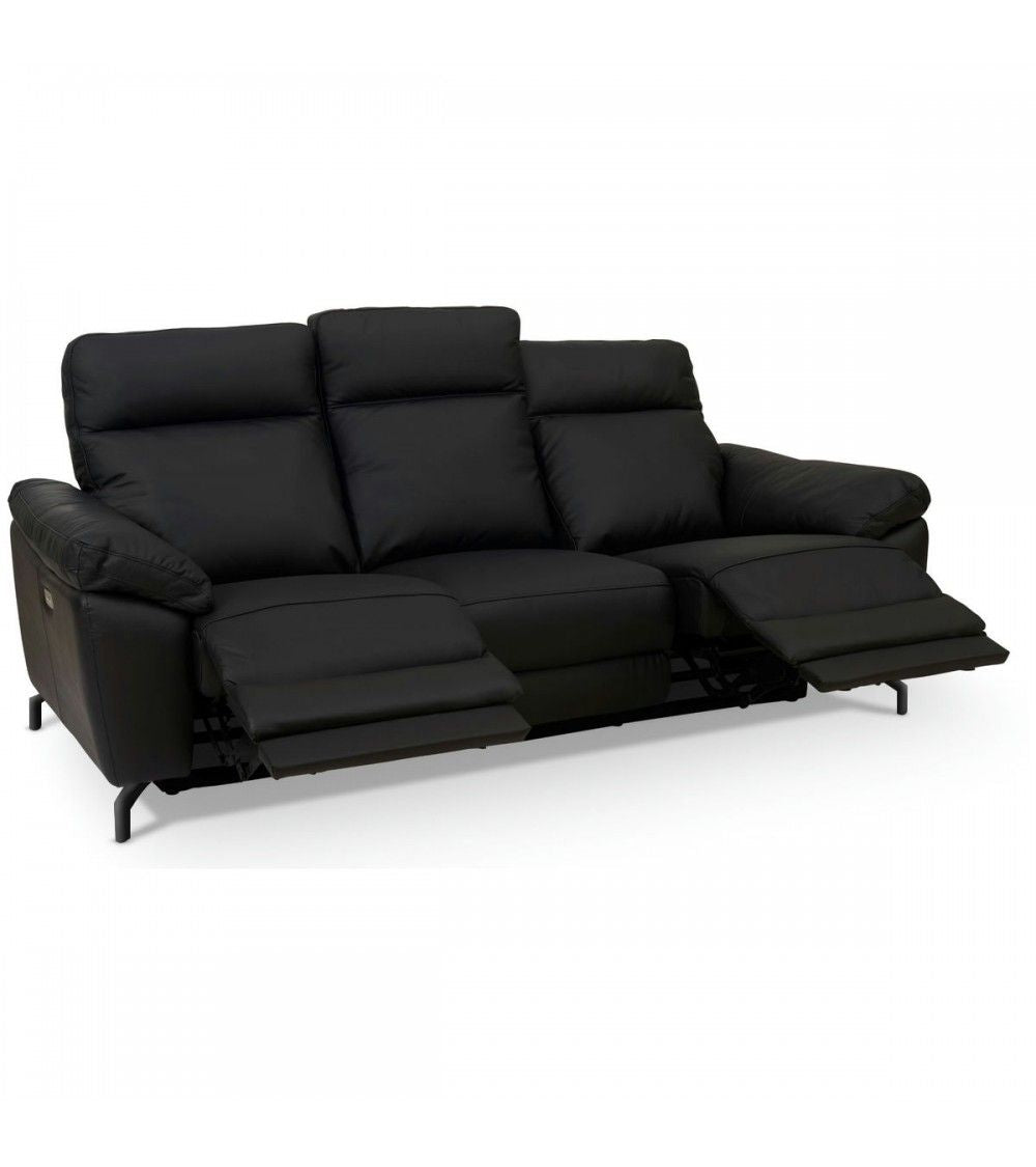 Selesta 3-Sitzer Sofa – mit Elektrische Relaxfunktion, USB - Echtleder Schwarz