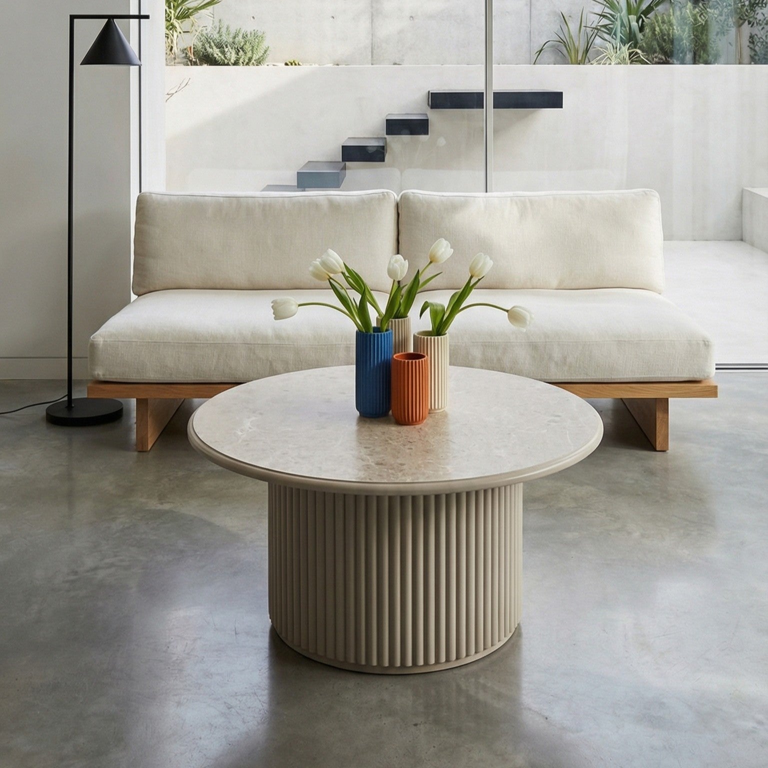 Couchtisch Rund ø80 cm - Marmoroptik & Lamellenoptik Beige